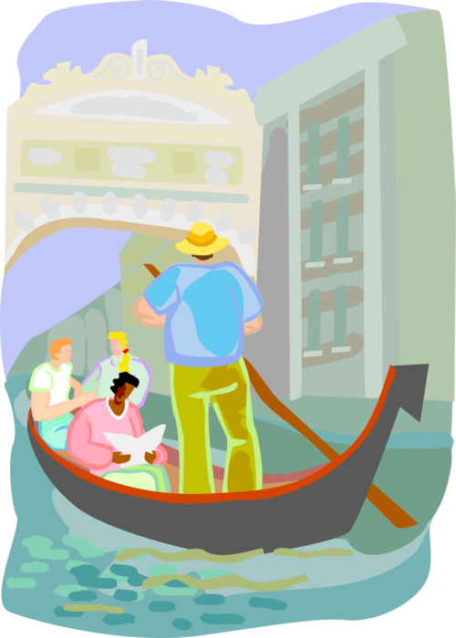 Vector Illustration of Tourist on Vacation in Venitian Gondola with Gondolier and Doge's Palace, Venice, Italy