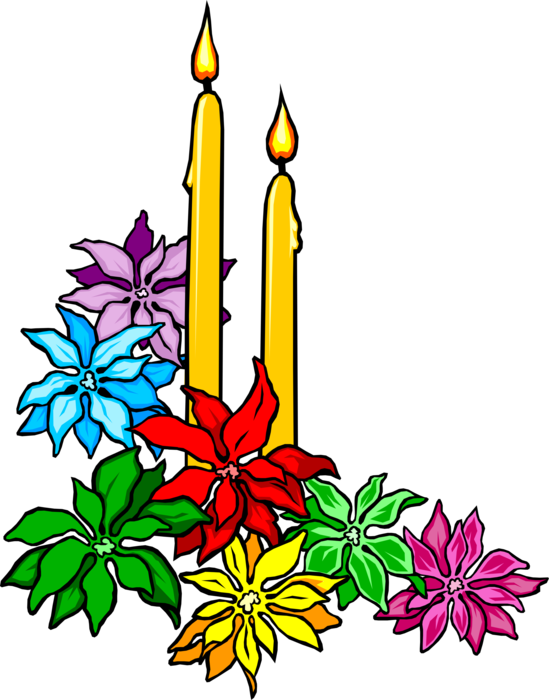Vector Illustration of Holiday Festive Season Christmas Candles with Colorful Poinsettia Flowers