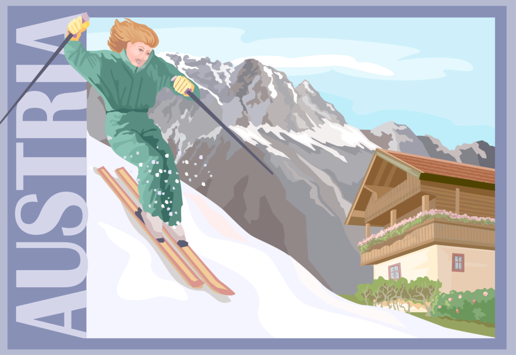 Vector Illustration of Austria Postcard Design with Alpine Downhill Skier Skiing in Austrian Alps