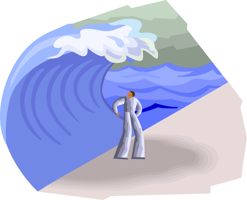 Vector Illustration of Figure About to Be Overtaken by Large Tsunami Wave