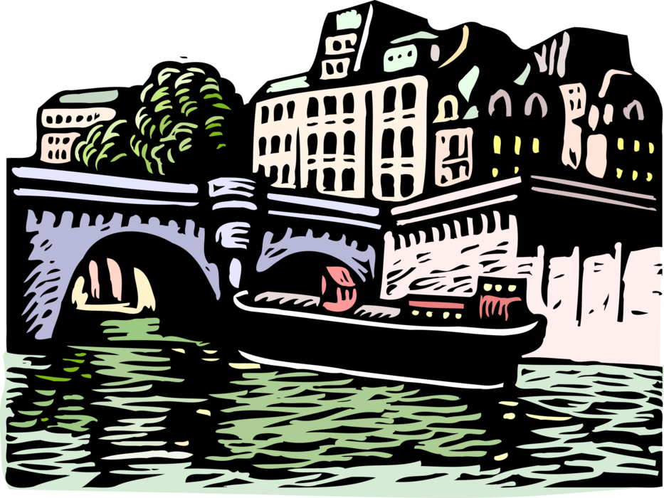 Vector Illustration of European Canal with Boat and Bridge