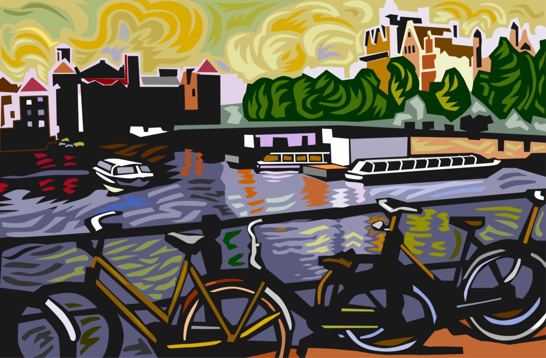 Vector Illustration of Bicycles Locked to Canal Railing in Amsterdam, Holland The Netherlands