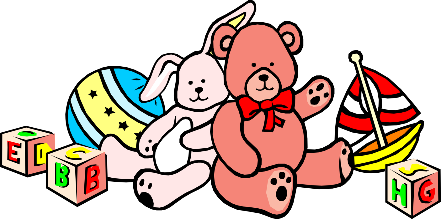 Vector Illustration of Teddy Bear and Rabbit Bunny with Baby's Toys