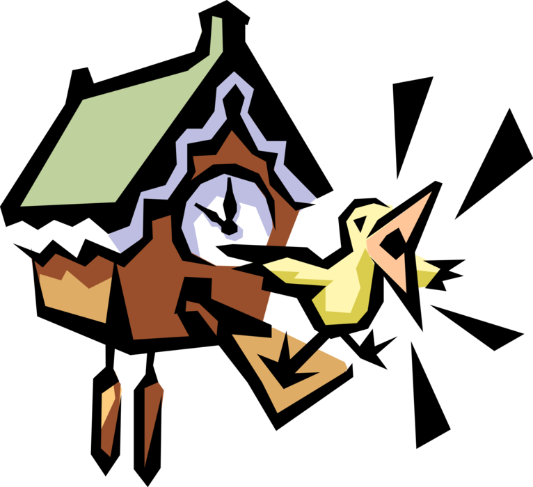 Vector Illustration of Cuckoo Clock Bird Tells Time and Chimes on the Hour