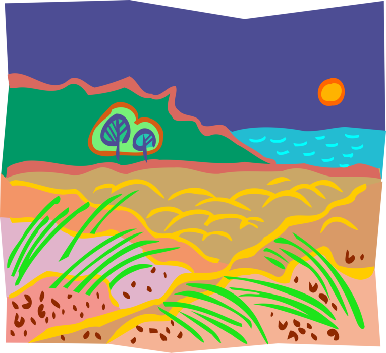 Vector Illustration of Beach with Grasses and Dunes