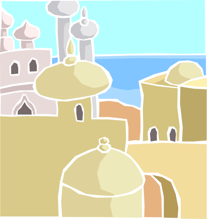 Vector Illustration of North African Islamic Architecture in Morocco with Sea