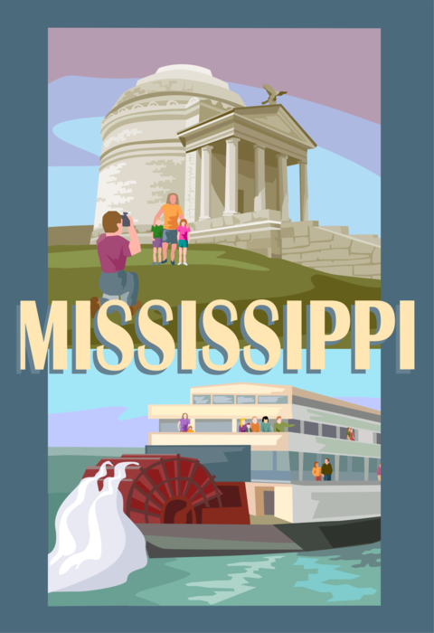 Vector Illustration of State of Mississippi Postcard Design with Illinois Monument at Vicksburg National Military Park