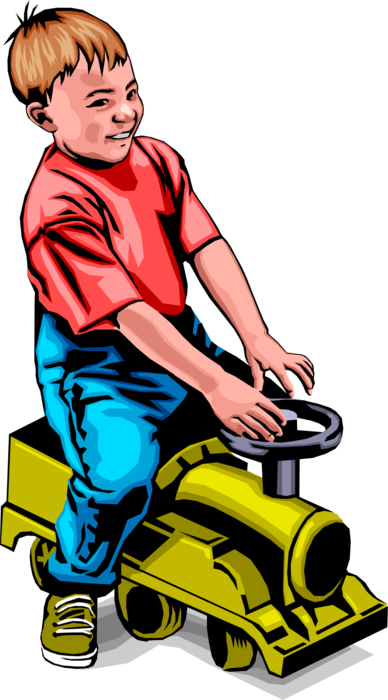 Vector Illustration of Child with Locomotive Train Riding Toy
