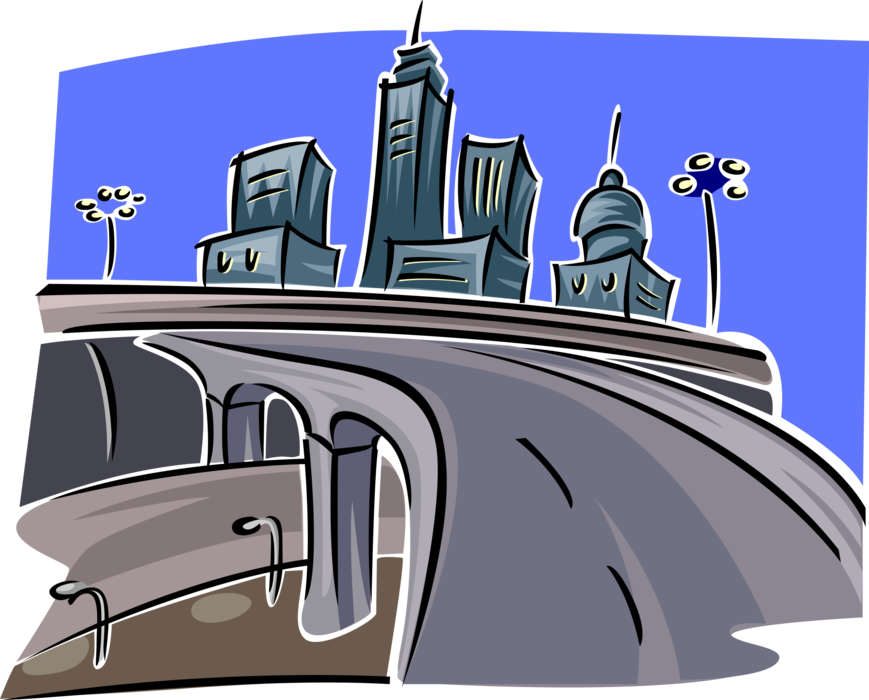 Vector Illustration of Urban Metropolitan City Office Towers with Highway Bridges