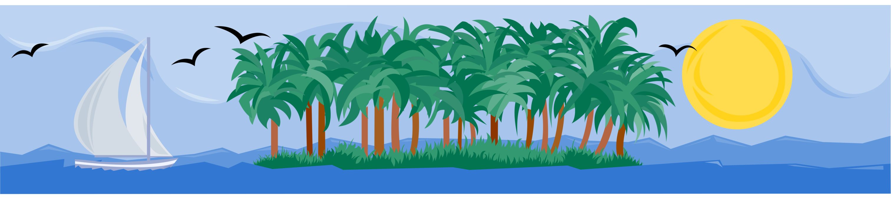 Vector Illustration of Tropical Island with Palm Trees, Sailboat and Sun