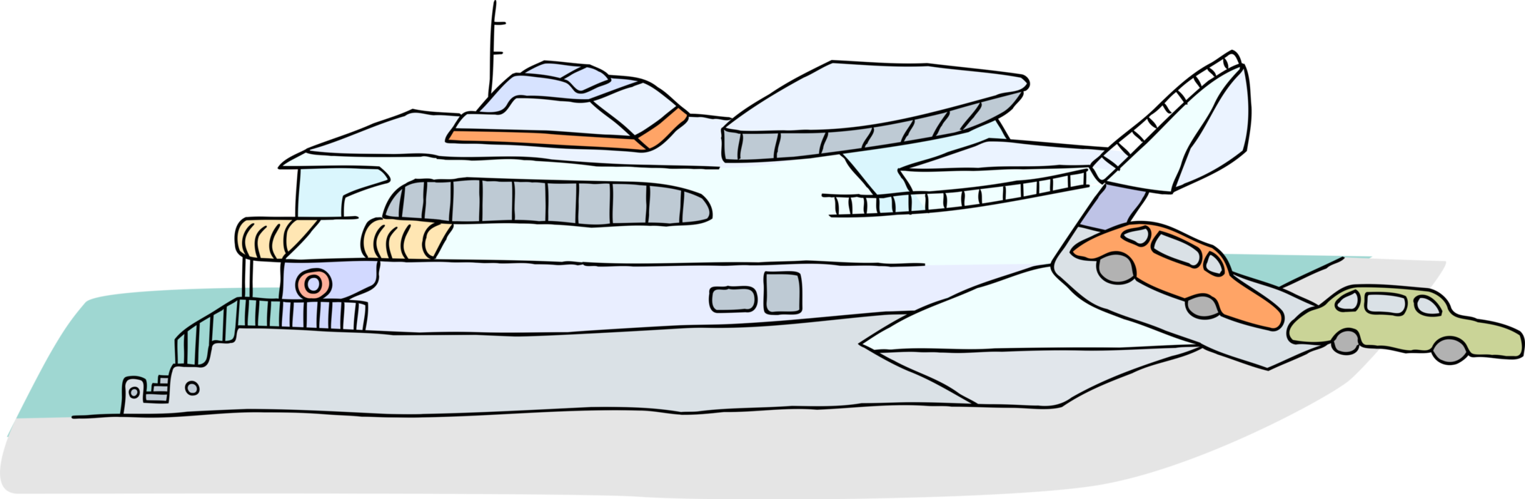 Vector Illustration of Docking Ferry or Ferryboat Transports Car Automobiles and Passengers Across Water