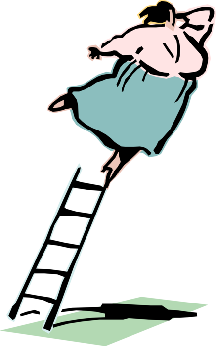 Vector Illustration of Businesswoman Balances on Top of Ladder for Climbing and Reaching 