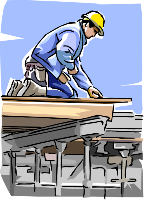 Vector Illustration of Construction Worker Building House Wooden Floor with Hammer and Boards