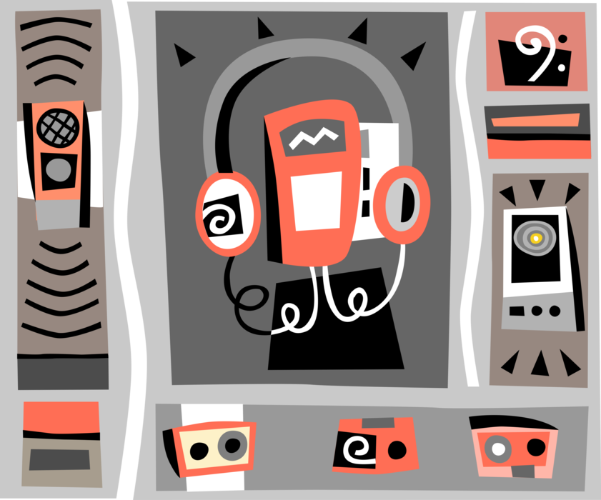 Vector Illustration of Personal Stereo Equipment with Audio Headphones and Speakers