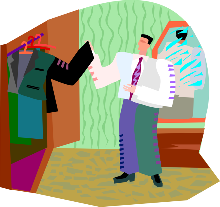 Vector Illustration of Businessman Getting Dressed Deciding What Suit to Wear