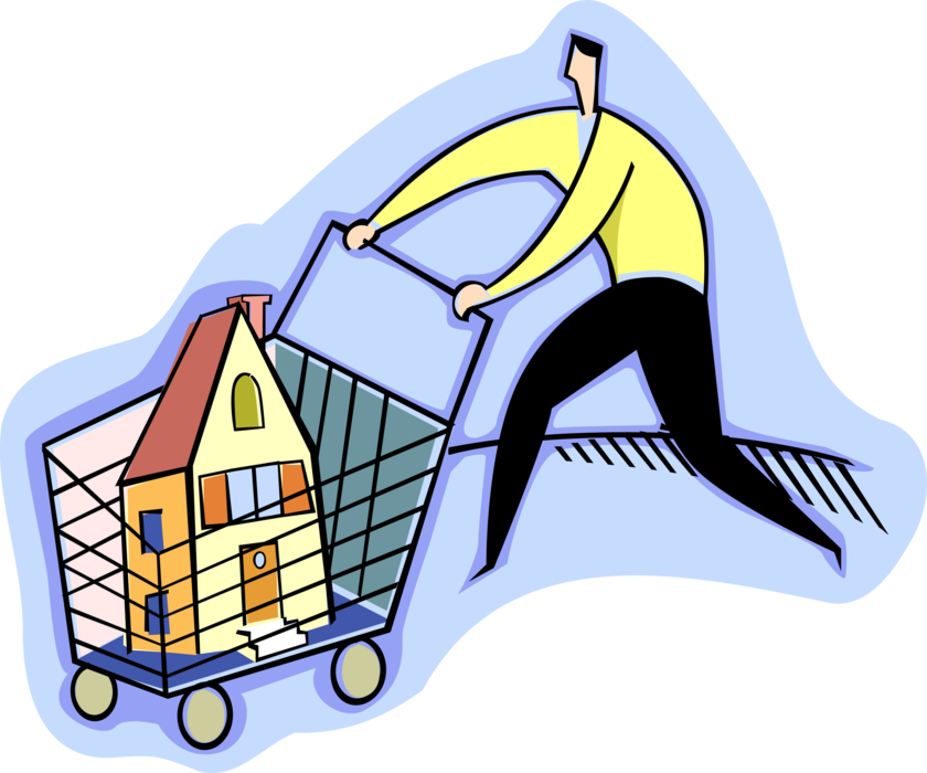 Vector Illustration of Businessman with Shopping Cart Invests in New Home Real Estate
