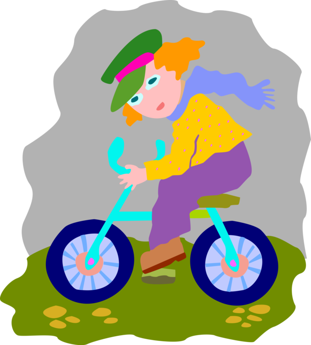 Vector Illustration of Young Girl Riding Bicycle Outdoors
