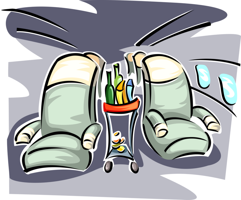 Vector Illustration of Airplane Travel with Cabin Seats and Food Cart