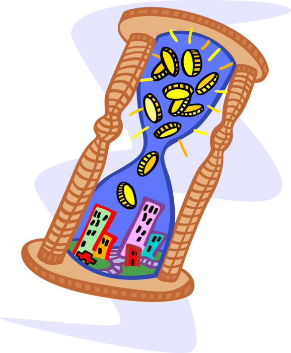 Vector Illustration of Hourglass or Sandglass, Measures Passage of Time with Tax Money and Buildings