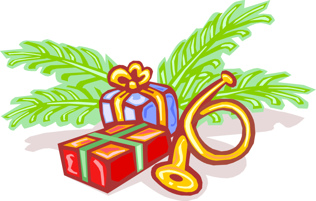 Vector Illustration of Holiday Festive Season Christmas Gifts with Horn and Branches