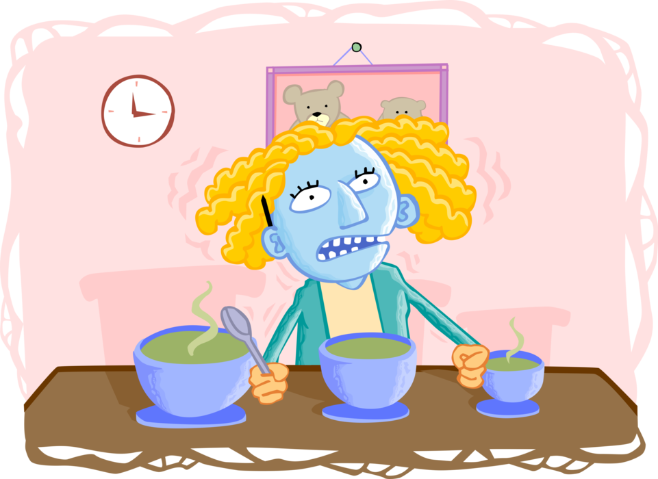 Vector Illustration of Goldilocks and the Three Bears Fairy Tale The Porridge is "Too Cold!"