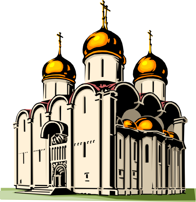Vector Illustration of Dormition Cathedral, Orthodox Christian Church, Moscow, Russia