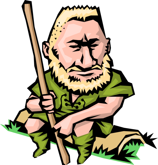 Vector Illustration of Robin Hood's Little John Sits Thinking with His Staff