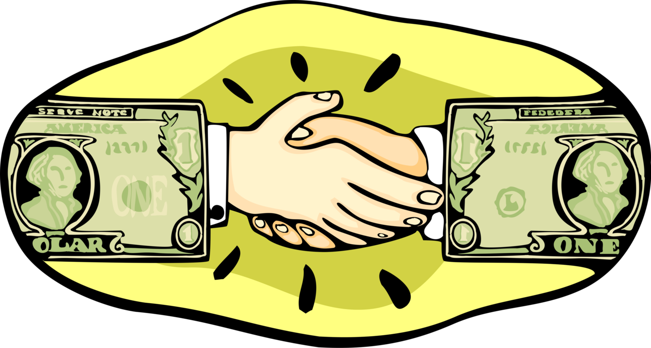 Vector Illustration of Money Hands Shaking with Cash Dollar Signs