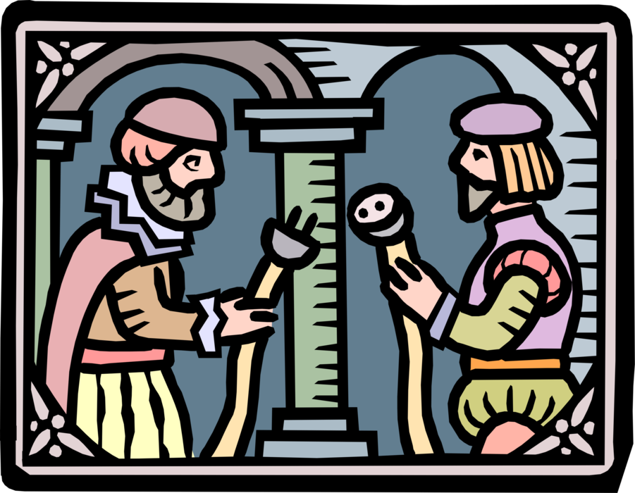 Vector Illustration of Medieval Renaissance Men Ponder Electrical Plug in Court
