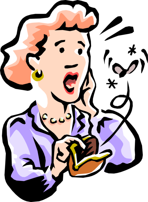 Vector Illustration of Woman Realizes She Spent All Her Money, Oh No!