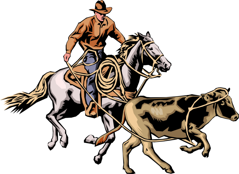 Vector Illustration of Western Cowboy on Horse with Lariat Rope & Steer Cow