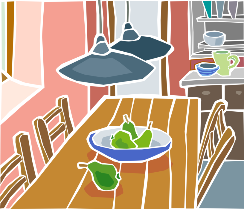 Vector Illustration of Kitchen Table and Chairs with Bowl of Fruit