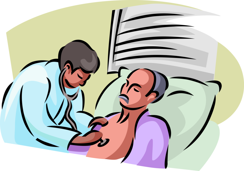 Vector Illustration of Man in the Hospital Bed Receives Care from Doctor with Stethoscope