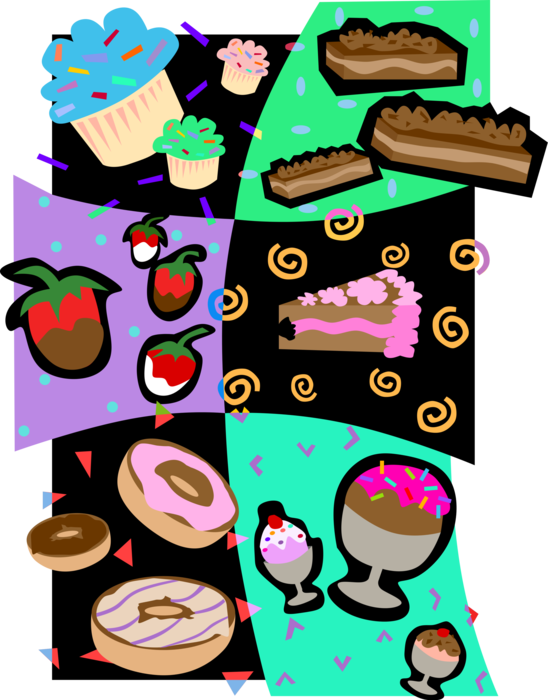 Vector Illustration of Sweet Dessert Cakes, Donuts, Chocolate and Strawberries