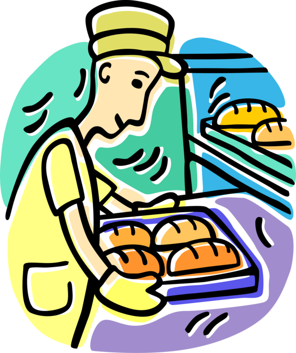 Vector Illustration of Retail Bakery Baker with Tray of Fresh Bread Loaves Removed from Oven