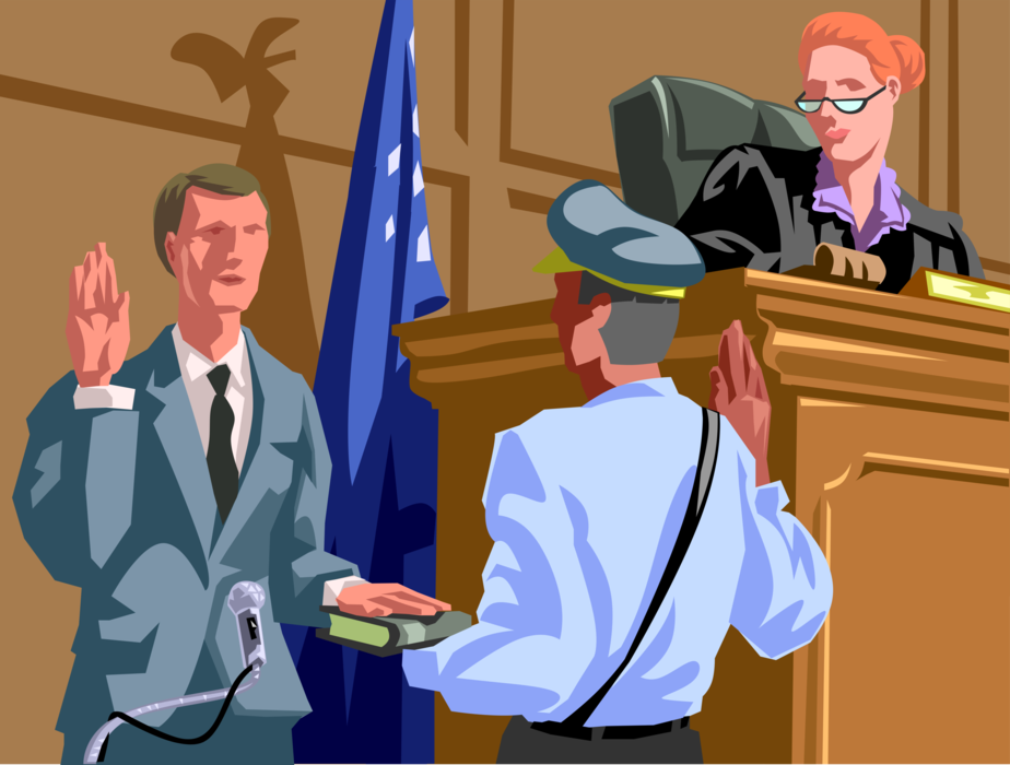 Vector Illustration of Court Bailiff Legal Officer Swears in Witness in Legal Courtroom with Presiding Judge