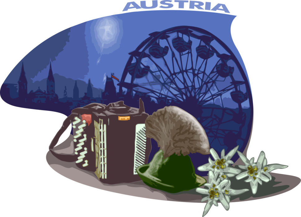 Vector Illustration of Vienna Wiener Riesenrad Ferris Wheel, Accordion, Edelweiss Flower, Austria Postcard Design
