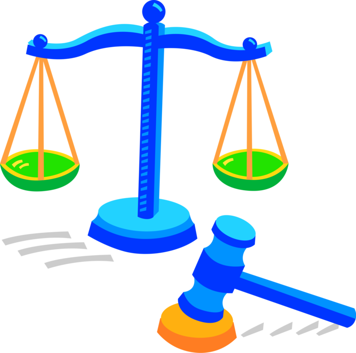 Vector Illustration of Weighing Scales of Justice with Judicial Judge's Gavel