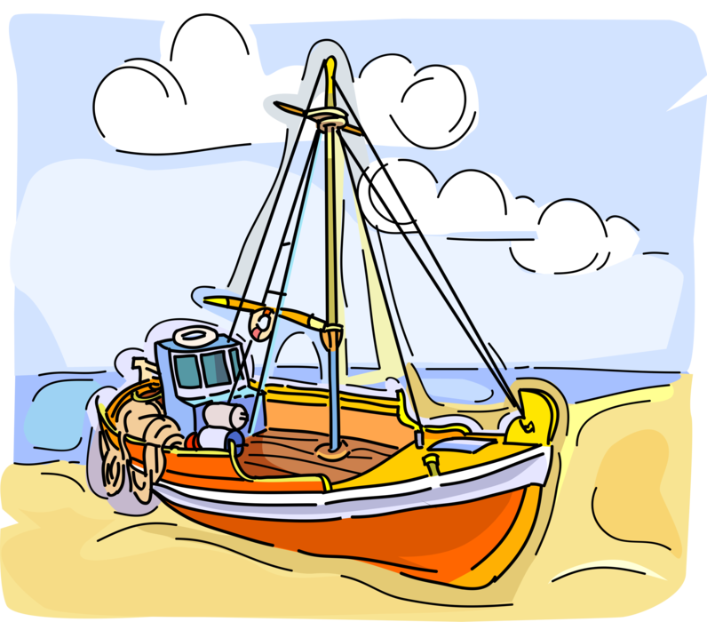 Vector Illustration of Fishing Boat with Fish Nets on Beach with Ocean