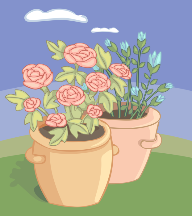 Vector Illustration of Potted Flowers in Ceramic Flower Pots