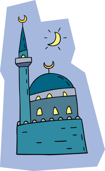 Vector Illustration of Mosque Place of Worship for Islam with Minaret Towers Calling Muslims to Prayer