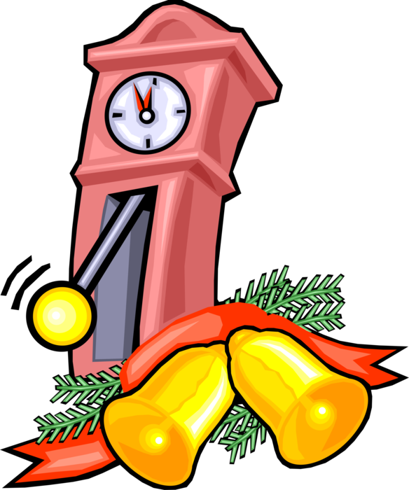 Vector Illustration of Grandfather Clock with Pendulum and Christmas Bells with Evergreen Fir Branches