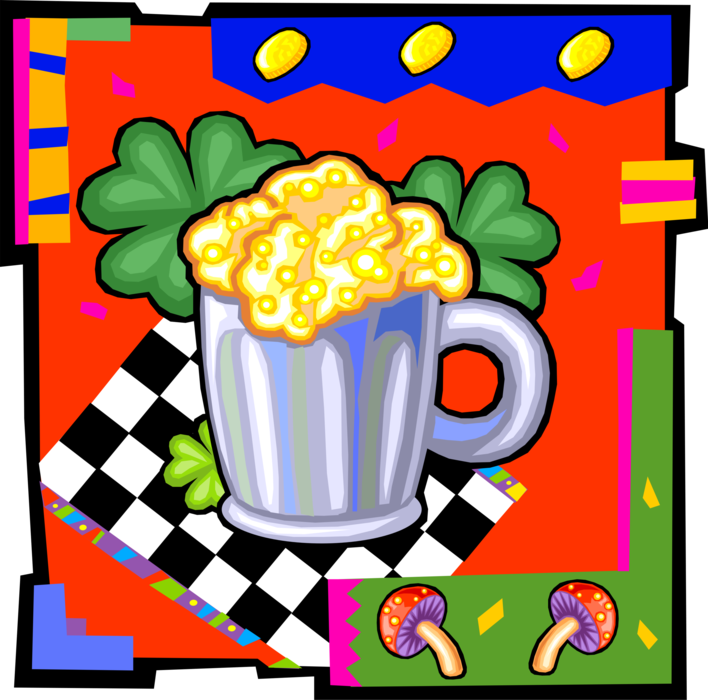 Vector Illustration of St Patrick's Day Beer Mug and Irish Shamrock Four-Leaf Clover