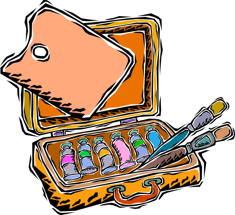 Vector Illustration of Visual Fine Arts Artist's Paint Box with Brushes, Oil Paint in Tubes and Palette