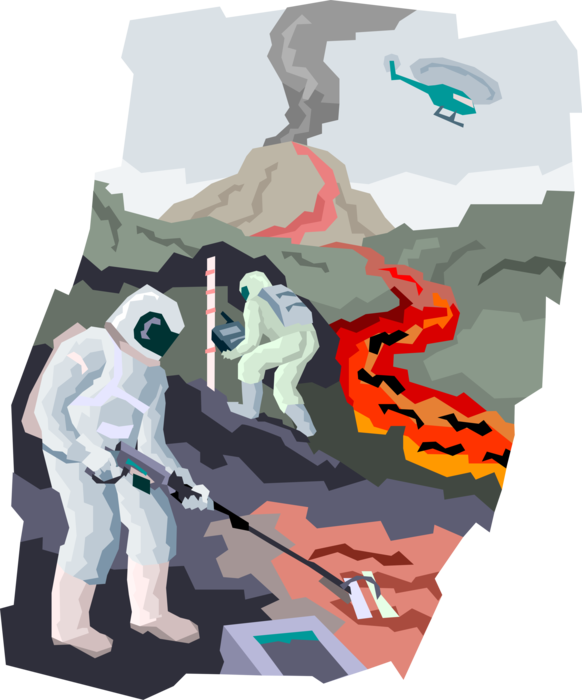Vector Illustration of Erupting Volcano with Scientists Collecting Lava Samples