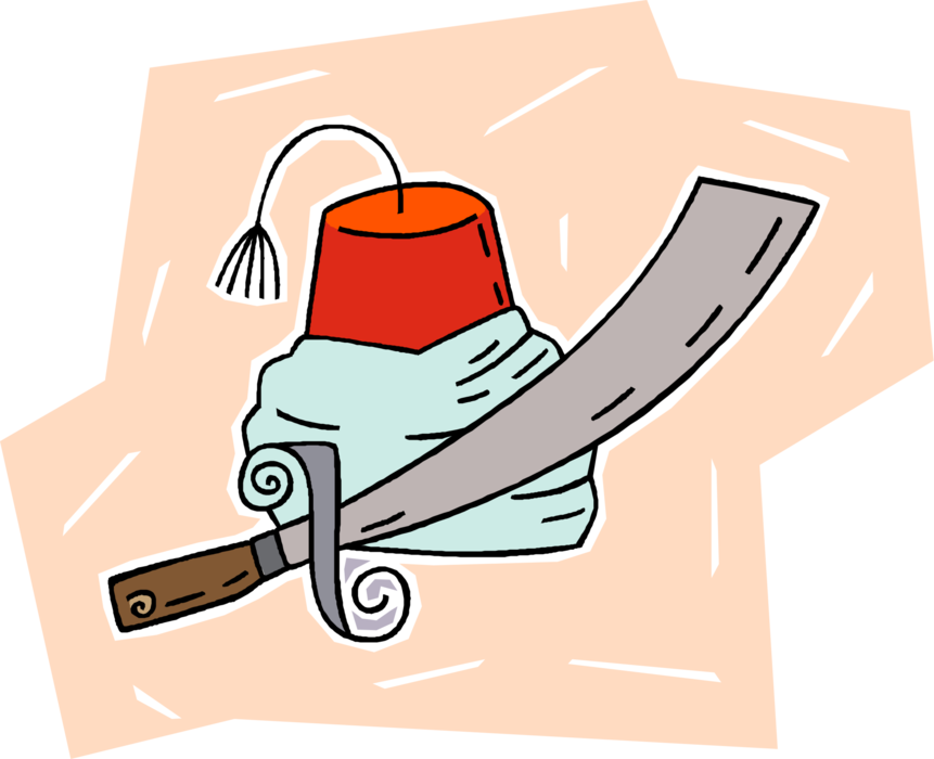 Vector Illustration of Turkish Fez Hat and Kilij Curved Saber Sword