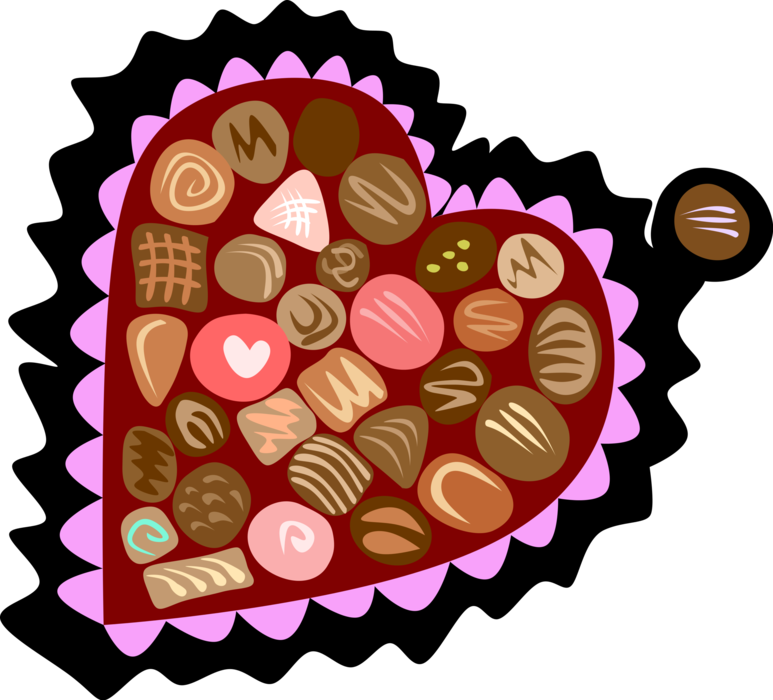 Vector Illustration of Valentine's Day Valentine Candy Chocolates in Heart-Shaped Gift Box