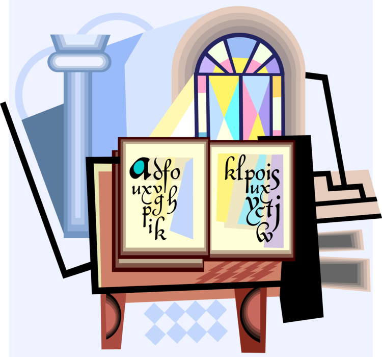 Vector Illustration of Religious Illuminated Manuscripts with Stained Glass Window