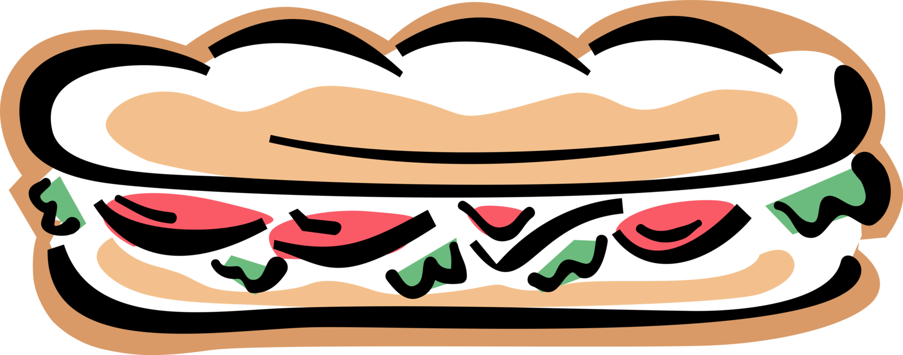 Vector Illustration of Sea Submarine or Hoagie Hero Sandwich with Lettuce, Tomato and Fresh Cold Cut Meats