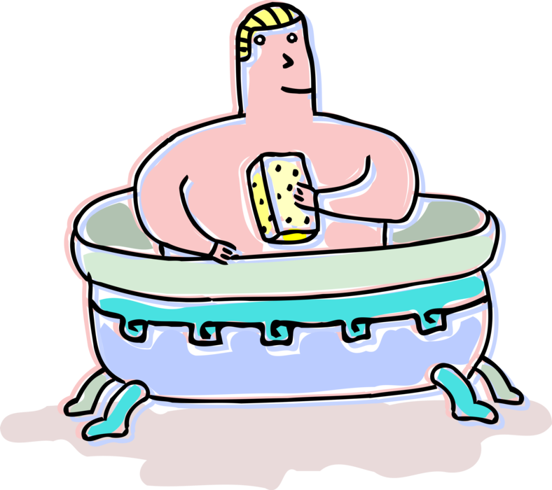 Vector Illustration of Personal Hygiene Bather Takes Bath in Bathtub with Sponge